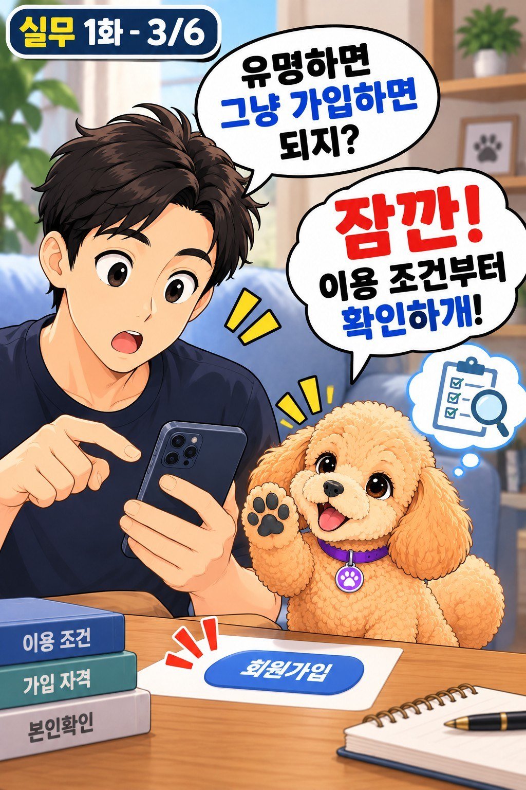 가상자산 거래소 이용 조건을 확인하는 아빠와 나나